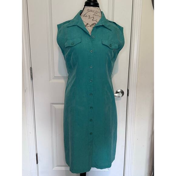 Vintage R&K Originals Women's sz 10P Button Down Shift Dress Turquoise Sash 90s - Picture 2 of 12